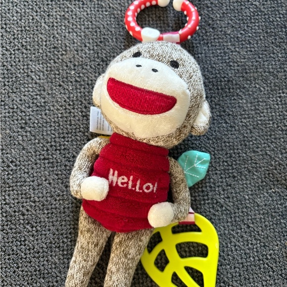 Infant Plush Sock Monkey Toy Teether with Red and Green Accents - Picture 2 of 4